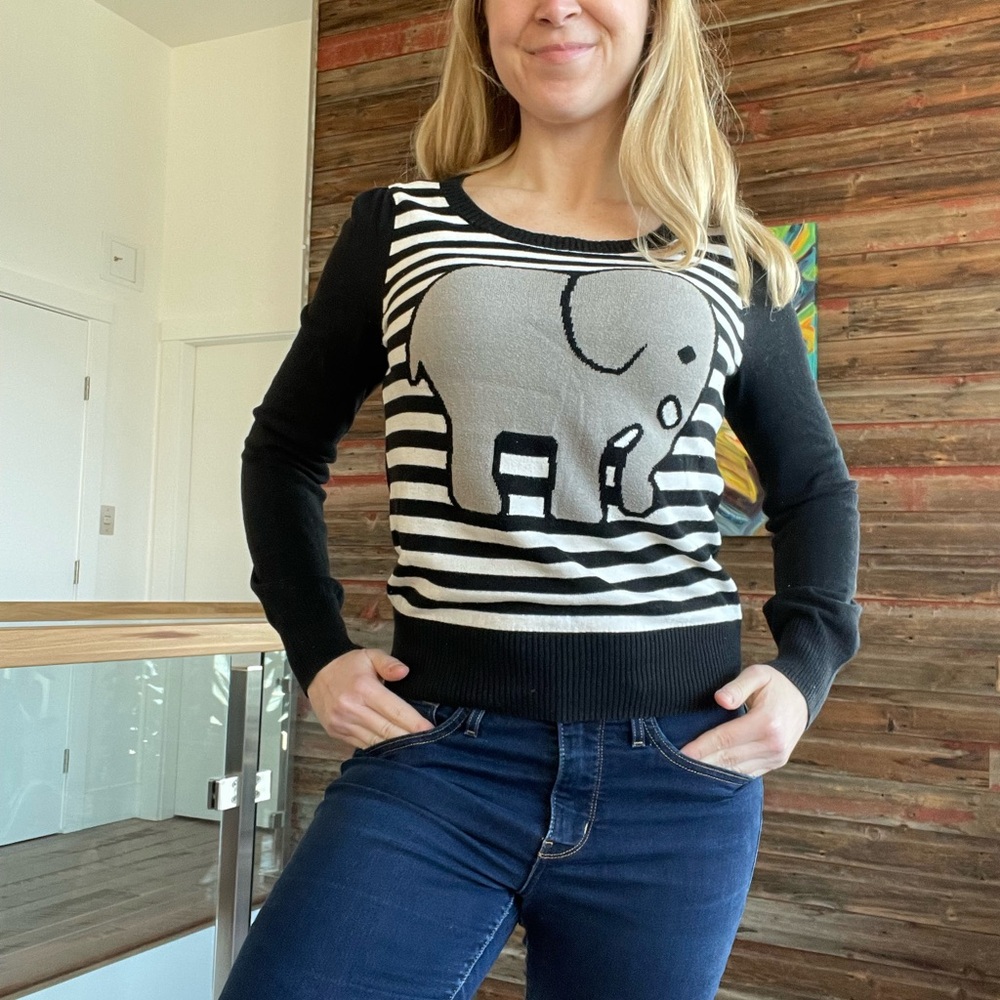 Forever 21 Black and White Striped Sweater with Elephant